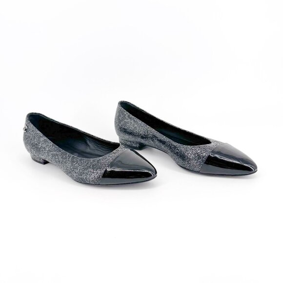 Chanel CC Cap Toe Ballet Flats Black Silver Leather Size 37.5 US 6.5–7 Women - Picture 1 of 15